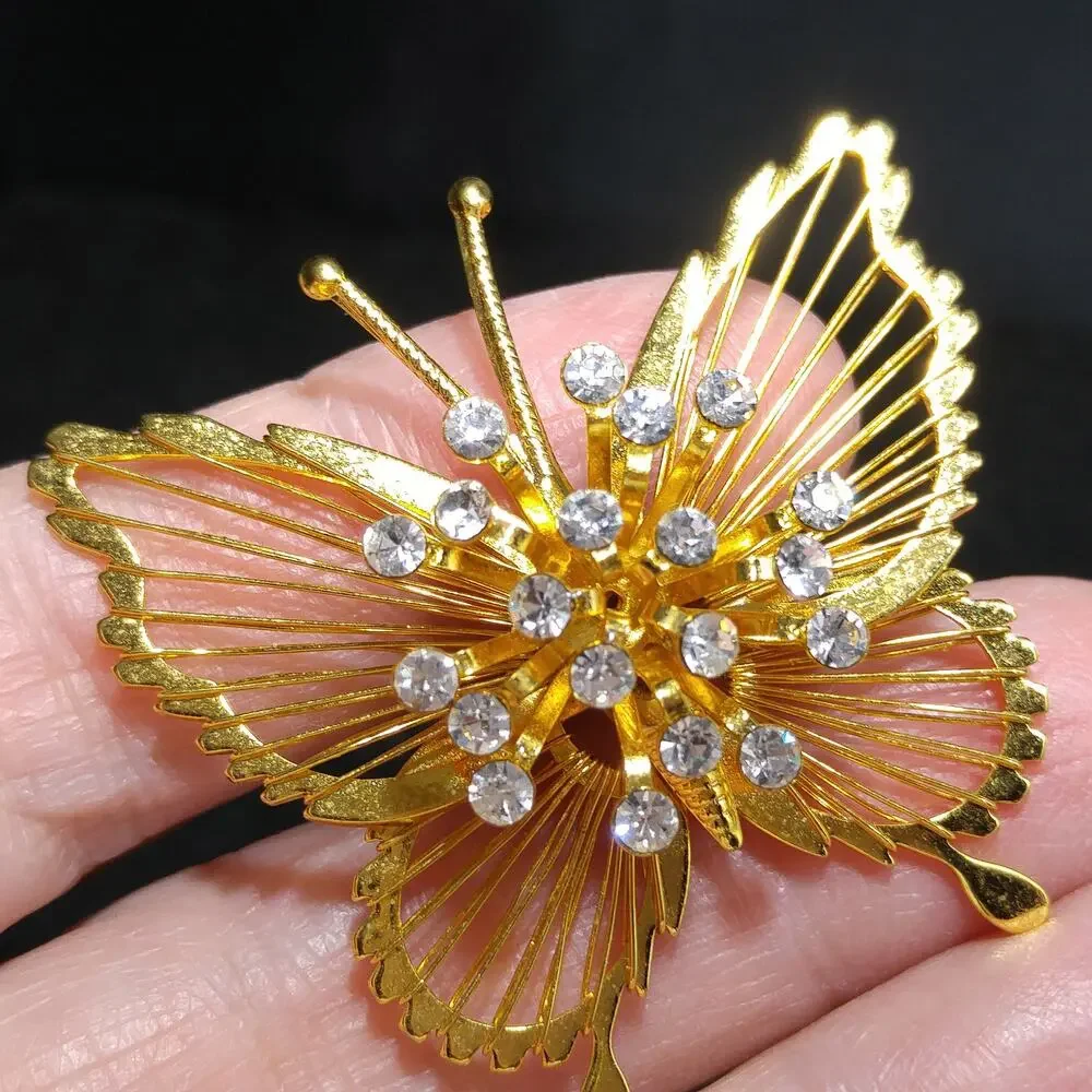 Vintage Monet Gold Tone Wire Butterfly Brooch, Clear Rhinestones Center
